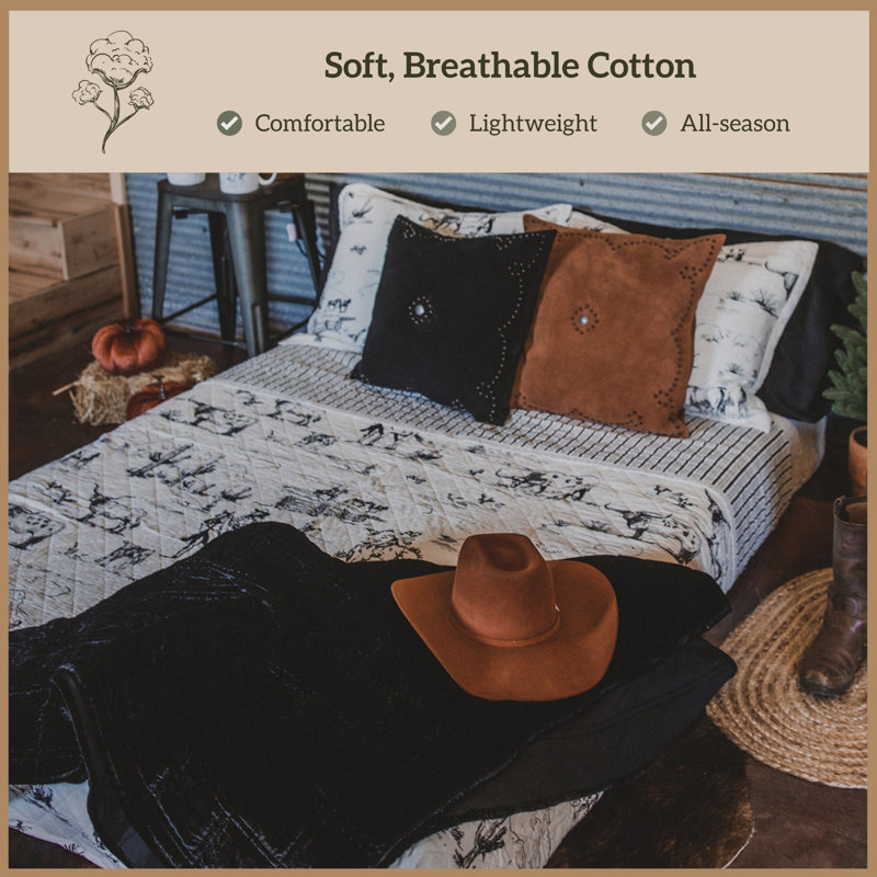 Ranch Life White/Black Cotton Reversible Western Rustic Farmhouse 3 Piece Quilt Set, Queen Quilt + 2 Standard Shams