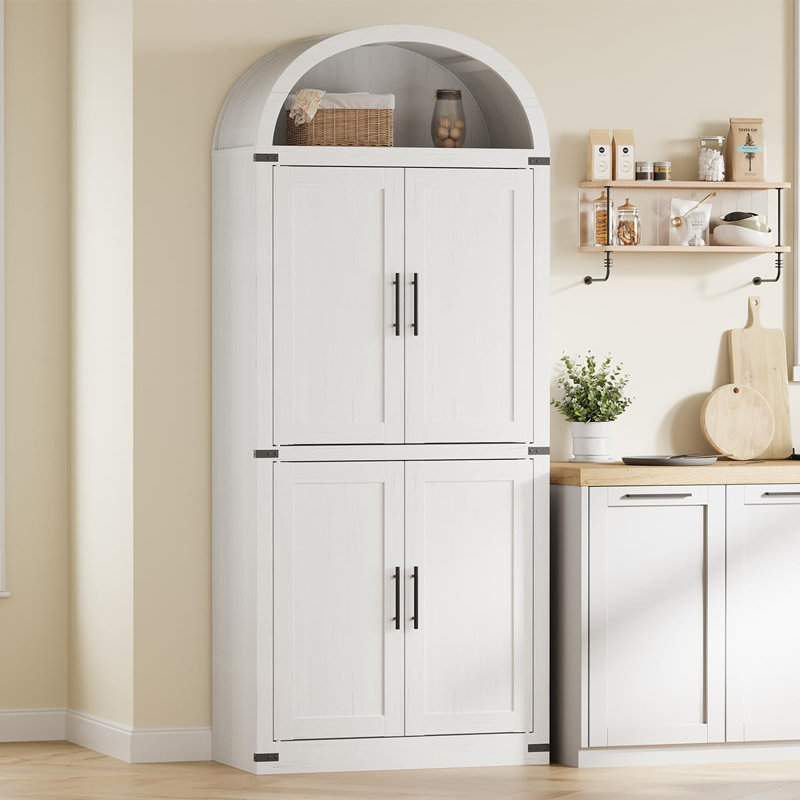 71.6" Arched Farmhouse Bookcase with Doors, 5-Tier Wooden Storage Cabinet for Living Room, Kitchen & Office, White