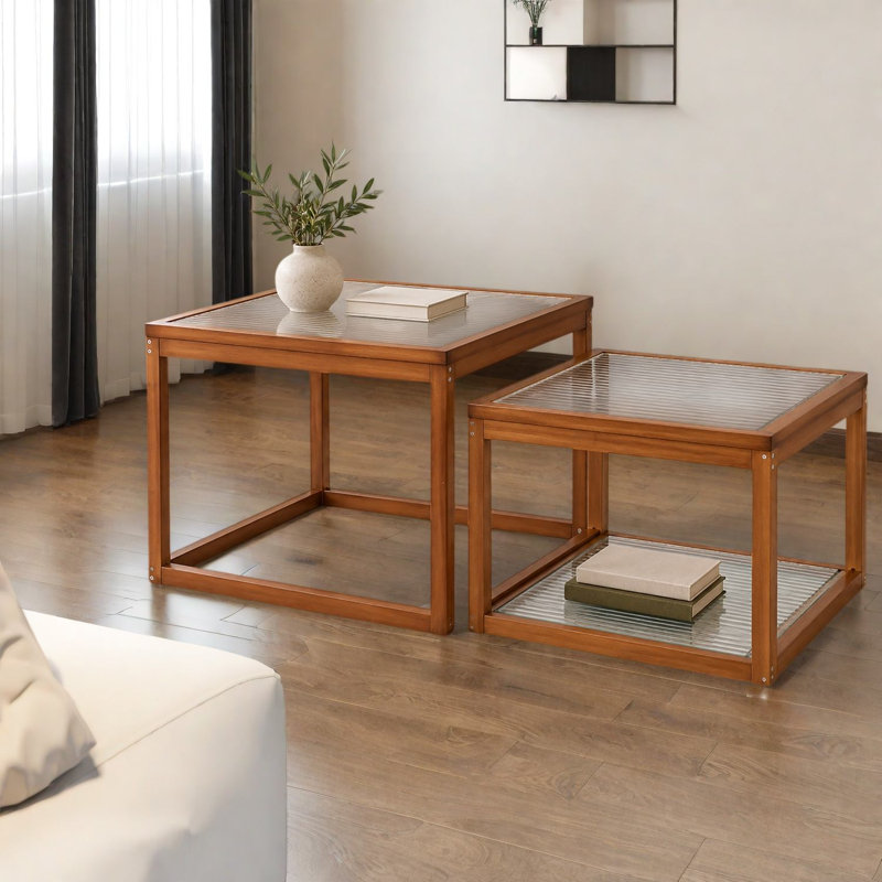 Petites tables basses et de cocktail avec rangement, verre cannelé en bambou Modern Home