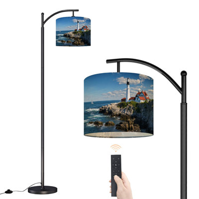Arc Floor Lamp with Adjustable Lampshade Portland Head Light House Cape Elizabeth Sailboat Coastal Maine Standing Lamp 3 Color Temperatures Dimmable Tall Pole Lamp with Foot Switch for Bedroom