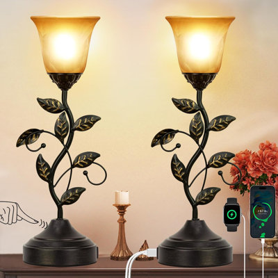 Bedside Lamps Set Of 2, 19.5 Inch Vintage Table Lamps With Touch Control 3-Way Dimmable, USB & Type C Charging Ports, Amber Glass Shade And Leaf Branch Design, LED Bulbs Included
