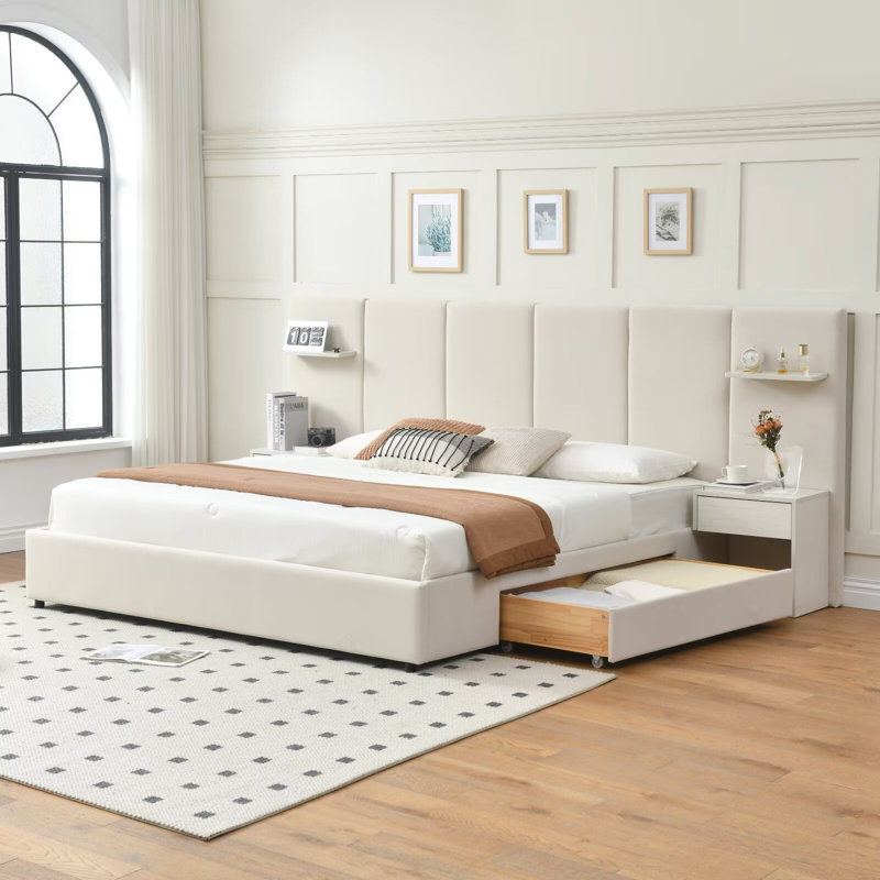 King Velvet Upholstered Platform Bed Frame with 2 Attached Nightstands & 2 Extra Large Drawers & Floating Shelves, No Box Spring Needed, Beige