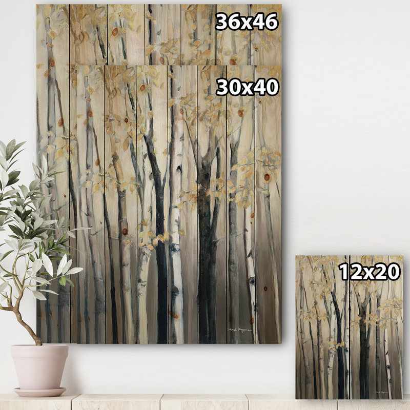 Golden Birch Forest III - impression de campagne sur bois de pin naturel, H 40 po x l 30 po x P 1,5 po