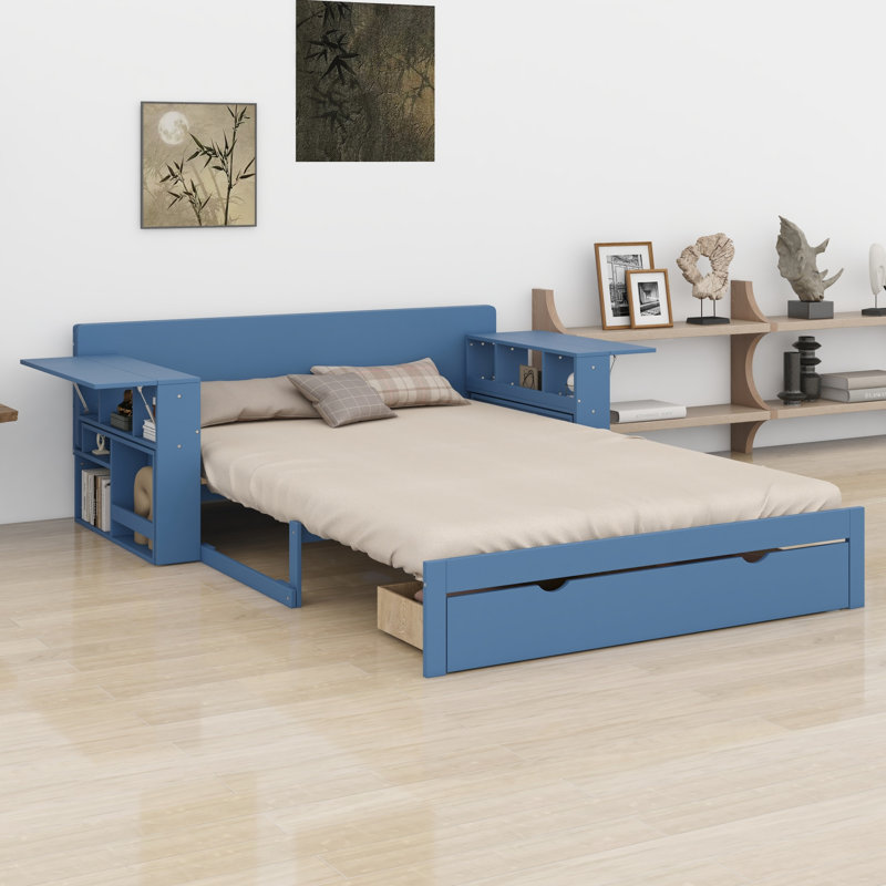 Lit de jour avec bureau amovible, tiroirs de rangement et table d'appoint hydraulique, Bleu