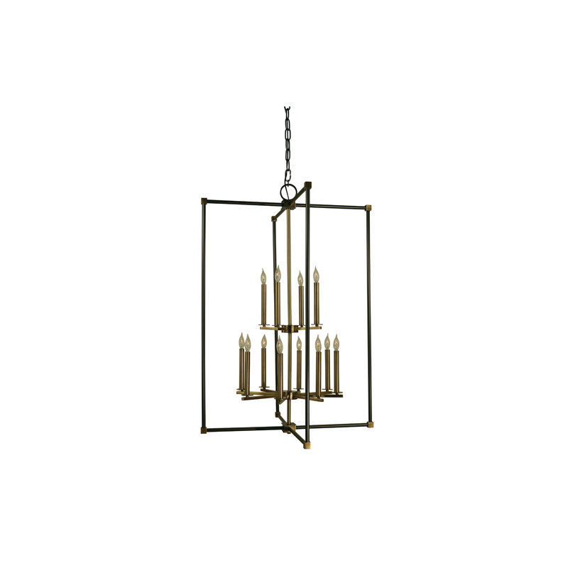 Lustre carré/rectangulaire style bougie 12 lumières Elmo, Nickel brossé / nickel poli