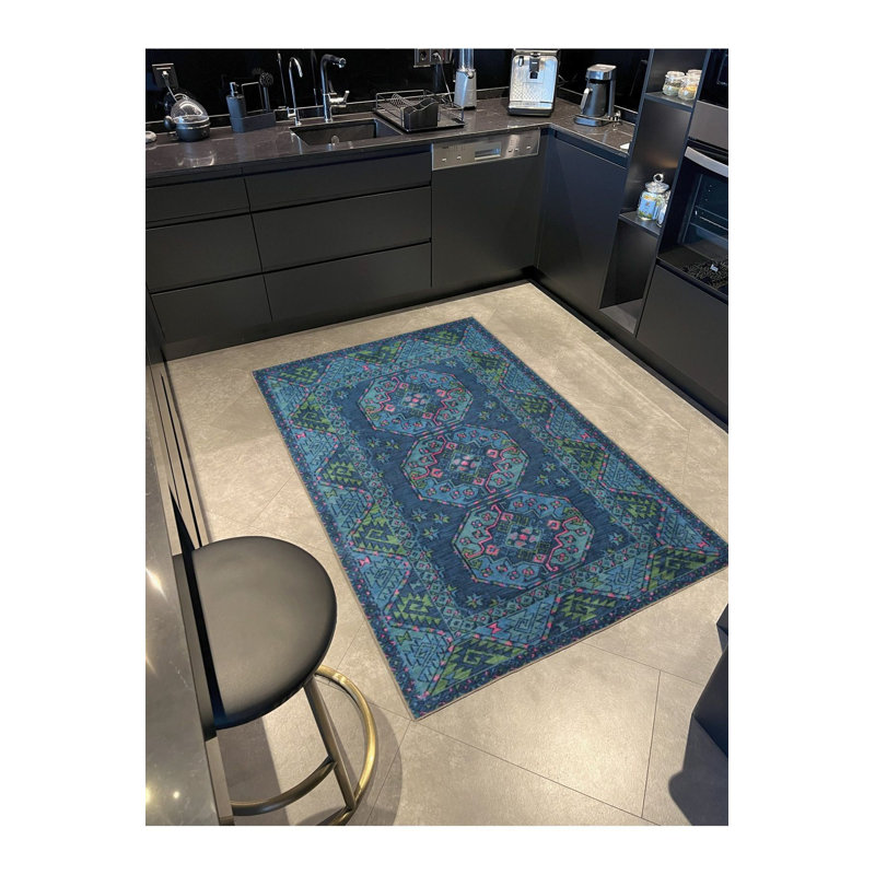 Tapis décoratif lavable rétro à motif traditionnel bleu et vert, Sous-tapis carré 4 pi 11 po inclus