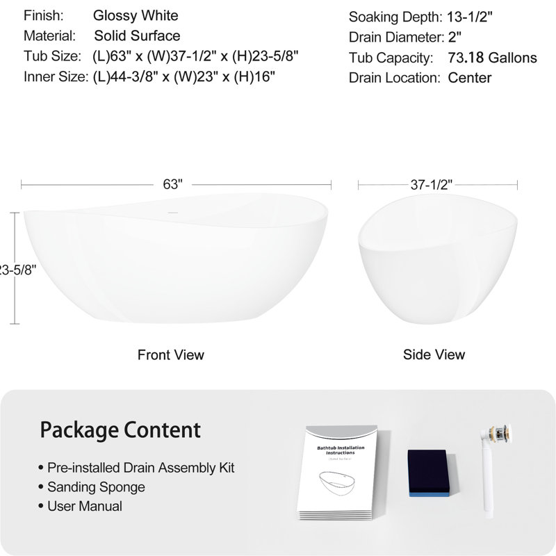 63" Freestanding Stone Resin Bathtub, Glossy White, With Pop - Up Drain And Relaxing Spa Like Experience In Bathroom Luxury White Soaking Bathtub Of Overflow For Contemporary Decor