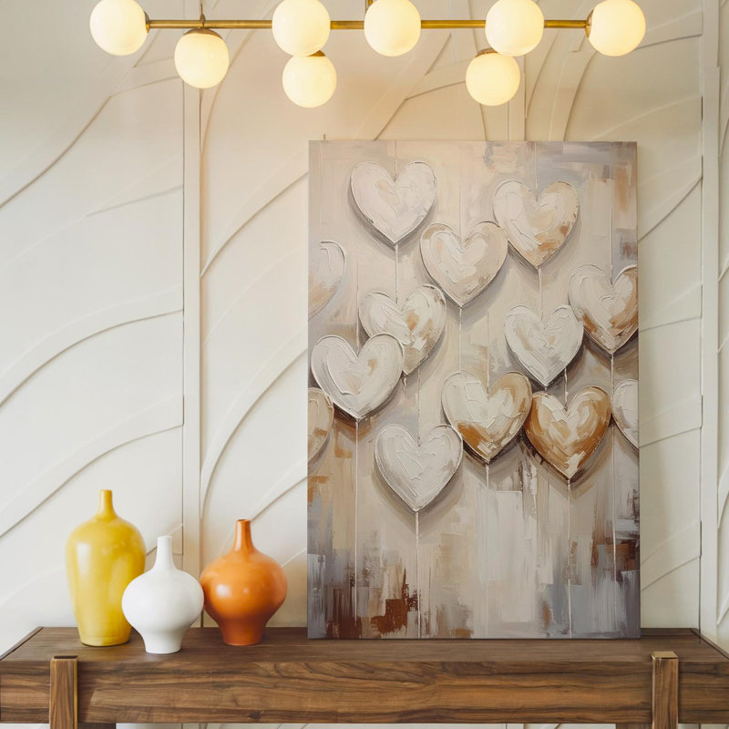Toile, art mural, cœur rustique, grappes de coeurs sur fond neutre, prêt à accrocher, galerie, décoration moderne