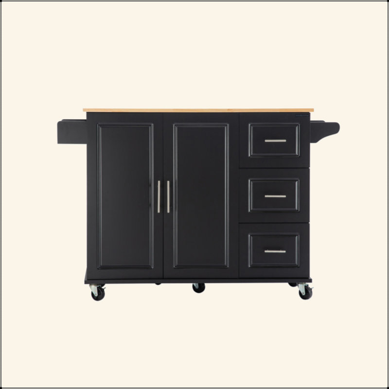 Kitchen Island & Kitchen Cart, Mobile Kitehcn Island With Extensible Rubber Wood Table Top,Adjustable Shelf Inside Cabinet For Different Utensils, 3 Big Drawers, With Spice Rack, Towel Rack, Black-Bee