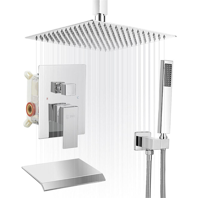 Système de douche de baignoire à fixation au plafond avec pomme de douche de 12 pouces, robinet de douche complet en laiton massif, ensembles de garniture de douche moderne avec douche à main