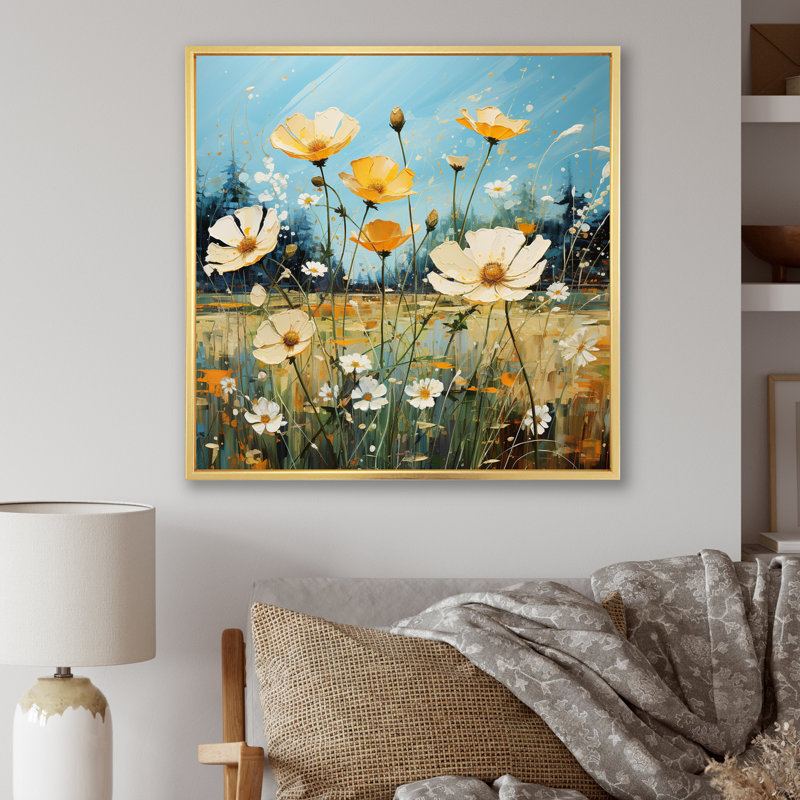 Bouton d'or jaune et bleu, Cadre flottant doré, H 30 po x l 30 po x P 1 po