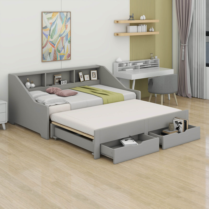 Lit de jour simple avec bibliothèques de rangement et deux tiroirs, cadre de lit en bois avec lit gigogne et conception de chargement USB