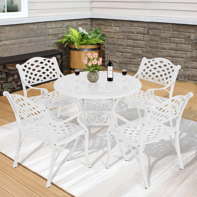 World Menagerie 5-Piece Outdoor Furniture Dining Set, All Weather Cast Aluminum Conversation Set With 4 Chairs And 35.4" Round Table, 2" Umbrella Hole For Patio Garden Deck, Lattice Weave Design