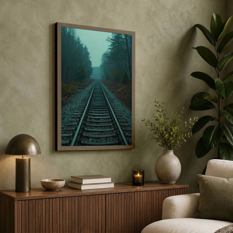 Rails Through Winter Forest Scandinavian - Wrapped Canvas, 18x12 - 45.7 x 30.5 cm, Terracotta Border