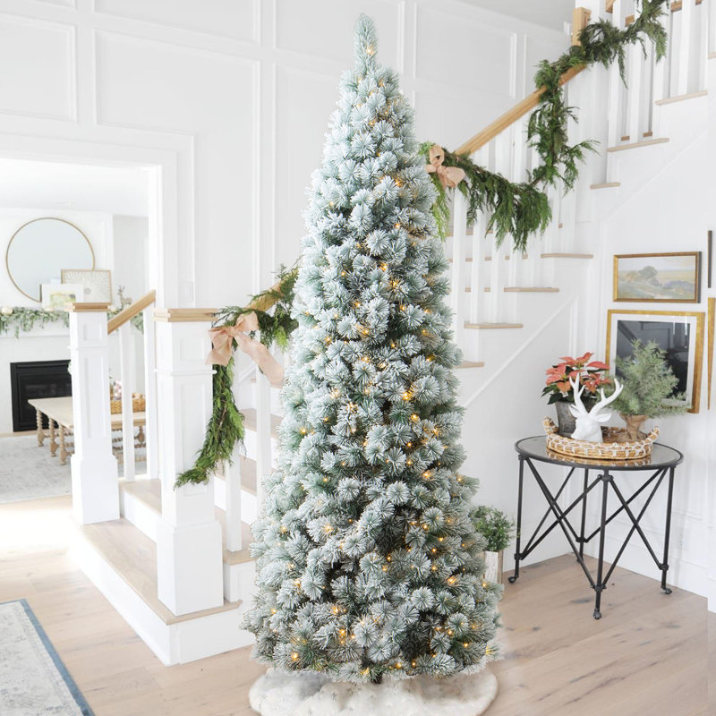 9' White Flocked Pine Christmas Tree with Multicolored Lights