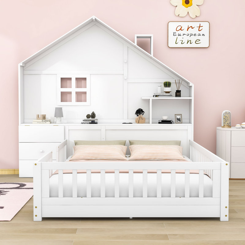 Ahyonna Lazelle 2 Drawers Wood House-Shape Platform Bed with Shelves and a set of Sockets, Full / Double, White