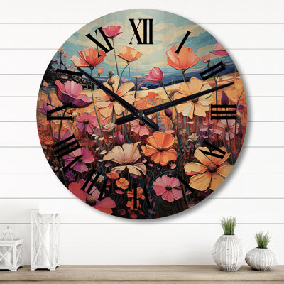 Horloge murale surdimensionnée en bois mauve et jaune Wildflowers Symphony