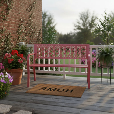 Outdoor Metal Garden Bench with Floral Back for Backyard, Garden, Porch