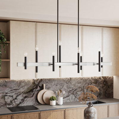8 Light Satin Brass Extra Large Linear Chandelier With Bronze Accents