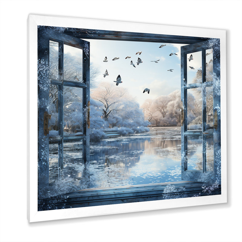 «Winter Window By The Lake - Winter Landscape», art mural, Cadre simple blanc, H 30 po x l 30 po x P 1,5 po
