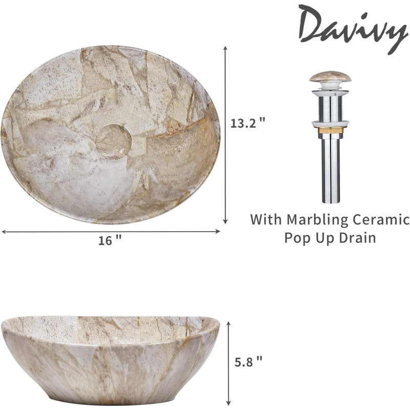 Davivy 13.2" White/Brown Bathroom Sink