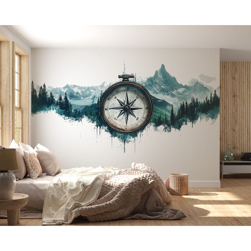 Autocollant boussole montagne, autocollant mural forêt, décor de chalet rustique, art mural aventure, autocollant Explorateur de la nature 543MV