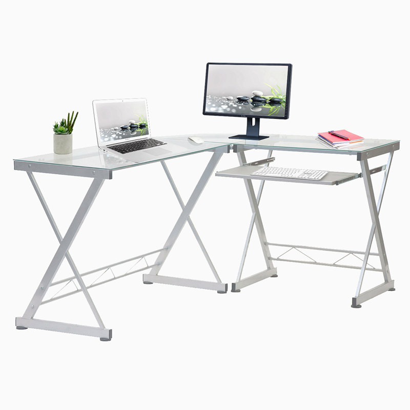 Techni Mobili L-Shaped Tempered Glass Top Computer Desk With Pull Out Keyboard Panel, Clear