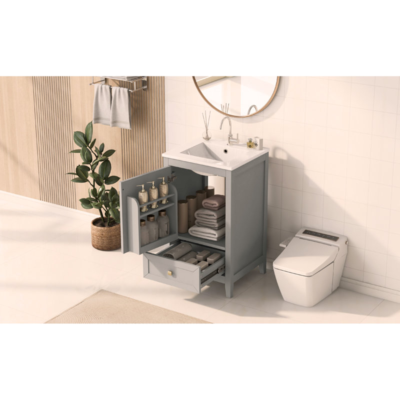 Meuble-lavabo de 20 po avec lavabo en céramique, porte à fermeture douce, support de rangement et tiroir, assemblage facile