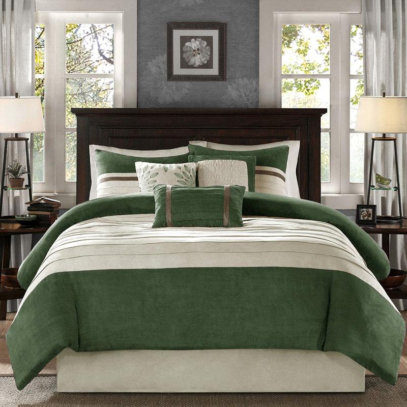King Comforter - 7 Piece Faux Suede With Soft Microsuede And Bed Skirt Pc In For Touch Filling, Green 1