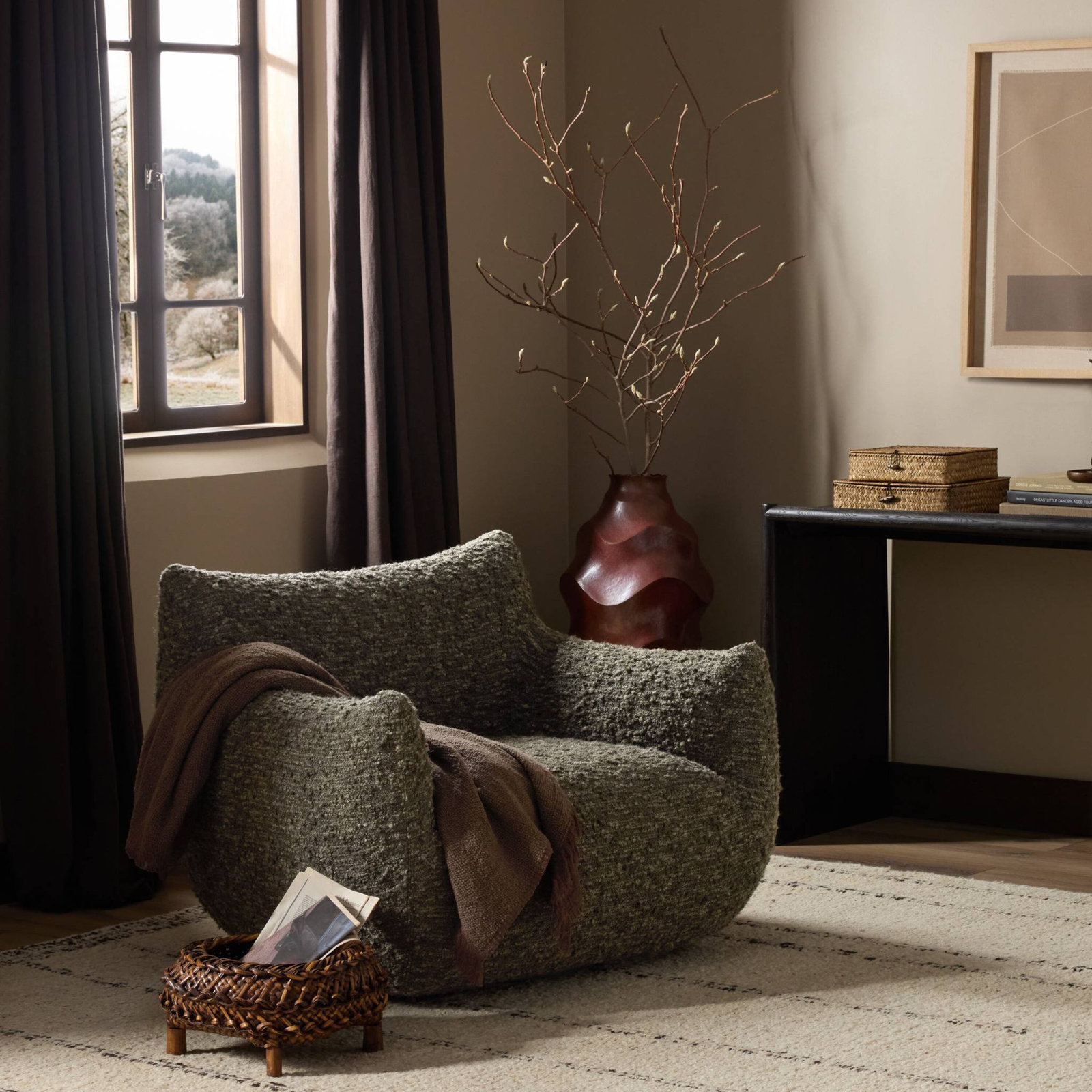 Nowthen Upholstered Swivel Armchair, Solema Moss Boucle