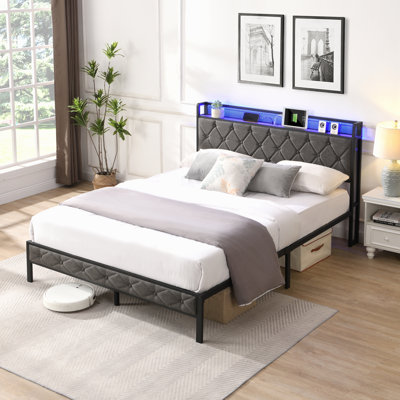 Full Bed Frame With  Storage Headboard, Charging Station And Led Lights, Upholstered Platform Bed With Heavy Metal Slats