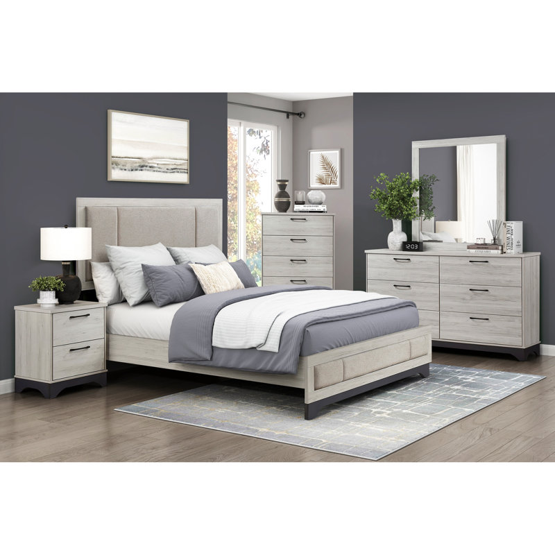 Très grand lit de style contemporain en chêne blanc et gris, lit de tête de lit tapissier gris, tissu, Très grand lit