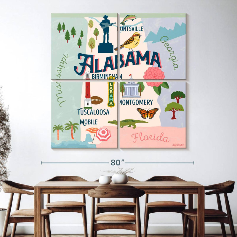 Cartes de l'État d'Aliaz - Attraits de l'Alabama, H 74 po x l 74 po