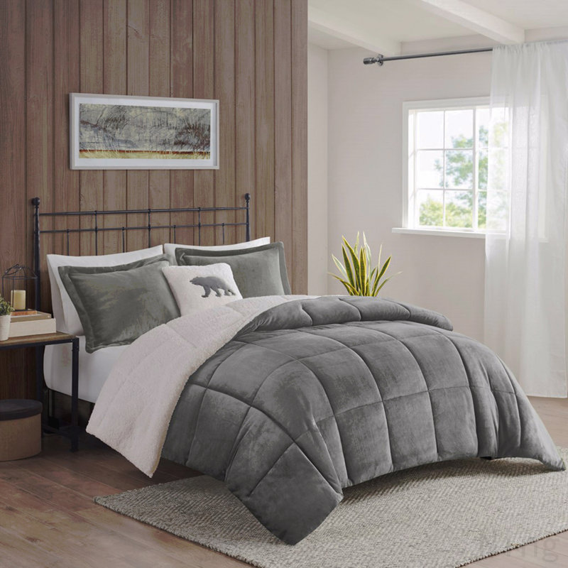 Ensemble d'édredon en duvet synthétique Sherpa, Édredon double / grand + 3 pièces supplémentair, Gris anthracite / ivoire
