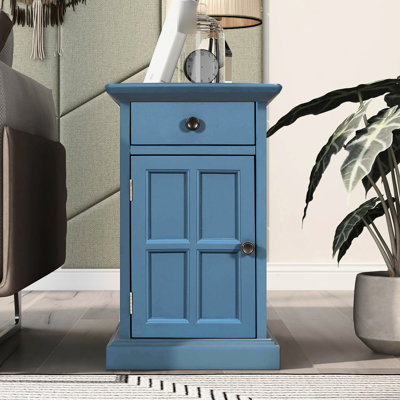 Table d'appoint antique avec porte-gobelets bleu marine. Moulé par des placages, du bois, du bois d'ingénierie. Rangement relevable, tiroir, fente à distance. Aucun assemblage requis. H 23 po x l 14 po x P 24,3 po + plateau en bois massif