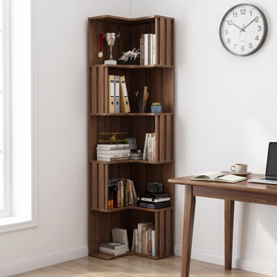 Bibliothèque d'angle à 5 niveaux avec chicane cannelée, présentoir en forme de L, support de rangement autoportant pour bureau à domicile, salon, chambre à coucher, cuisine