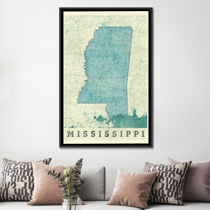 «Mississippi Map», impression sur toile, H 48 po x l 32 po x P 1,5 po, Toile avec cadre noir, Pas de tapis