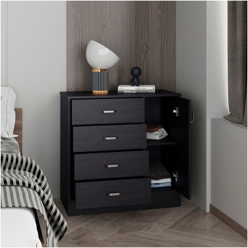 Commode de chambre moderne à quatre tiroirs, une porte avec rangement spacieux Katie, noir