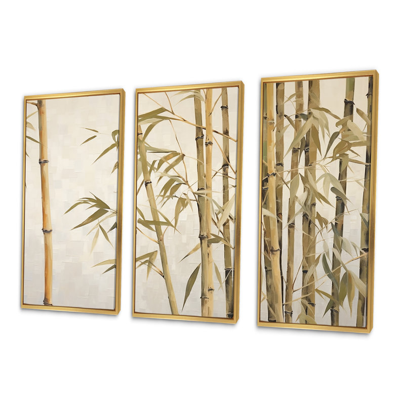 Beige minimalisme bambou Serenity I - ensemble d'art mural en bambou, Cadre flottant doré, H 40 po x l 60 po x P 1 po