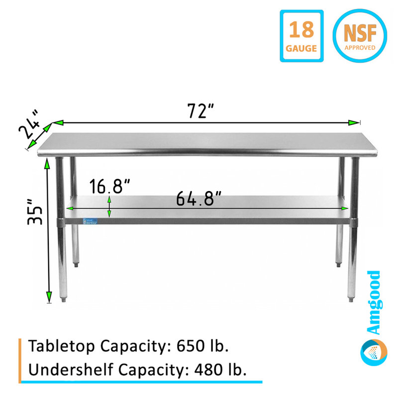 Stainless Steel Prep Table. 18 Gauge Metal Work Table with Undershelf. NSF, 35" H x 72" L x 24" W