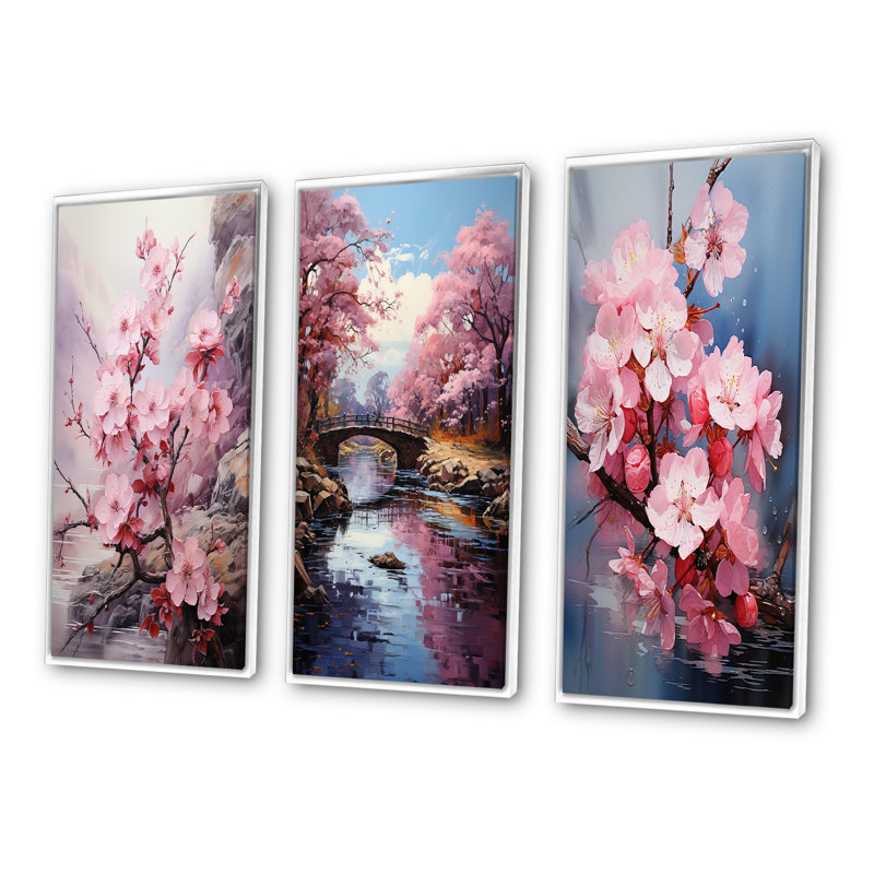 Asian Art Cherry Blossom - Ensemble de 3 pièces, Cadre blanc, H 32 po x l 48 po