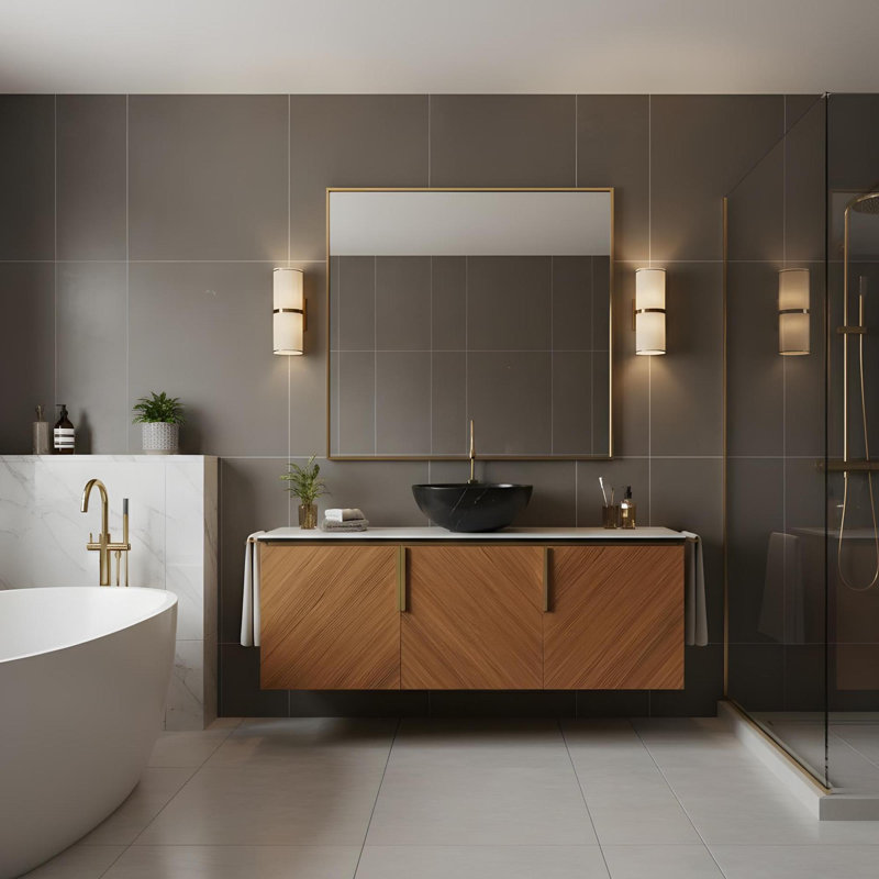 Salle de bain murale 48 po avec cuve ronde en céramique noire et 3 portes, Noir