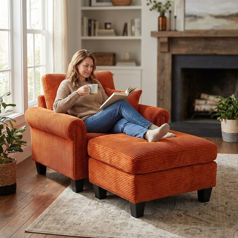 42-inch Nailhead Trim Sofa With Ottoman, Modern Corduroy Small Couch With Rolled Arms, Single Sofa Chaise Lounge For Living Room, Bedroom, Farmhouse Decor
