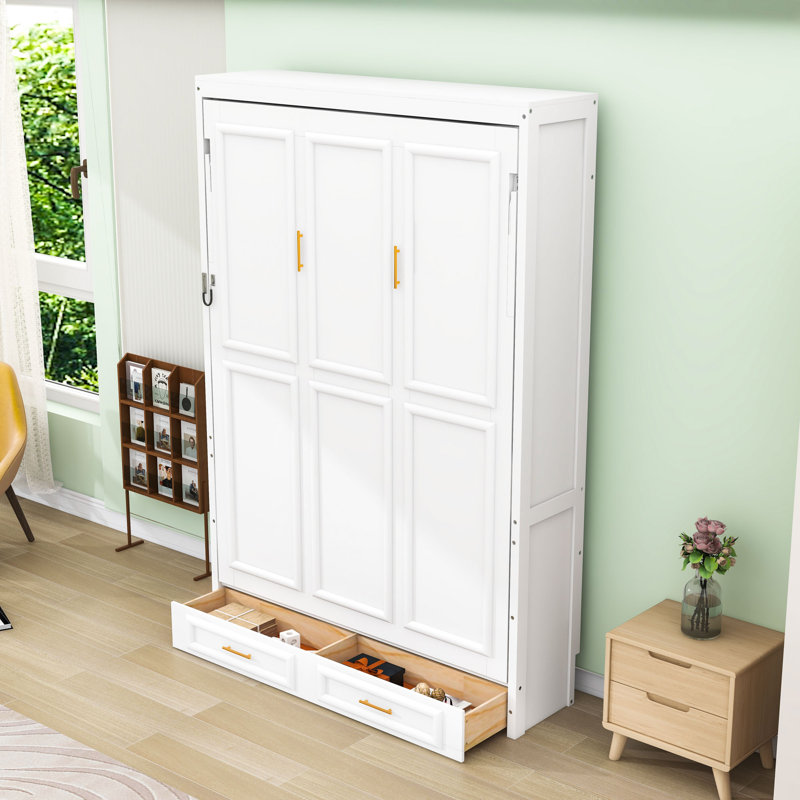 Lit escamotable double en bois 2 tiroirs avec tête de lit