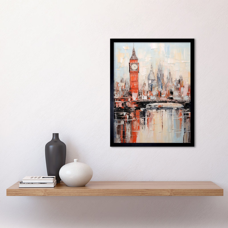 London Skyline Abstract Painting Red Big Ben River Thames - Single Picture Frame Print