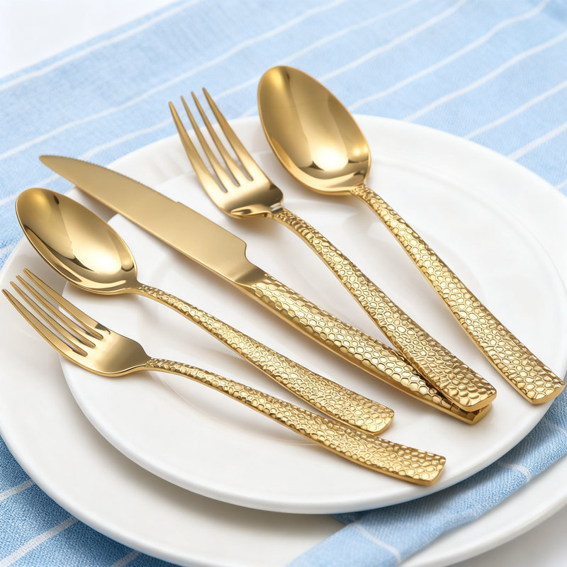 Ensemble de couverts martelés 20 pièces pour 4 personnes, ensemble de couverts en acier inoxydable doré avec poli miroir, couverts allant au lave-vaisselle pour la maison et le restaurant