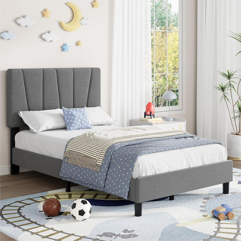 Structure de lit simple tapissier avec tête de lit ajustable, lit plateforme en lin, gris, Gris, Très grand simple