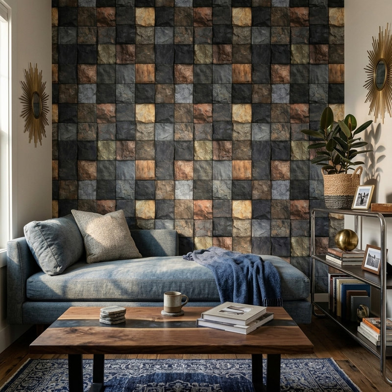 Papier peint pierre foncée ardoise à carreaux carrés décoratifs amovibles, Peler et coller