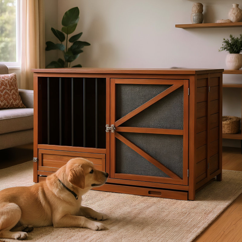 Caisse pour chien pliable en bois massif de 43 po avec mangeoire pivotante à 360 °, table de bout multifonctionnelle pour animal de compagnie, plateau amovible pour chenil portable, style intérieur / extérieur adapté, effet de nuance tactile couleur noyer