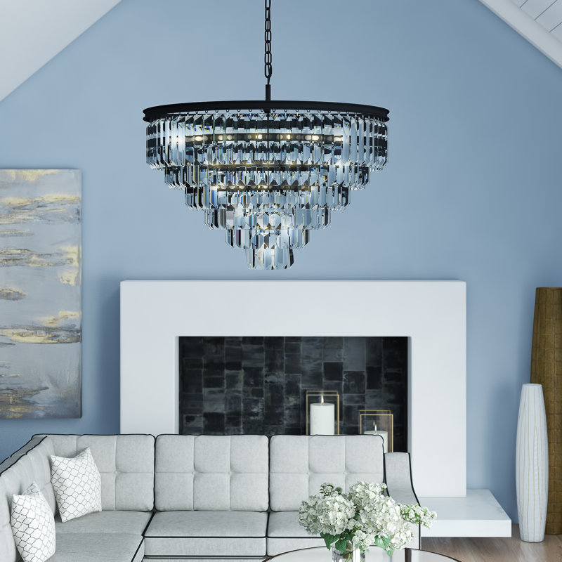 Yazmin Crystal Dimmable Tiered Chandelier, Clear, Matte Black